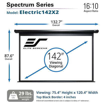 Elite Screens Spectrum Series Electric142X2 projector screen with dimensions and specifications.