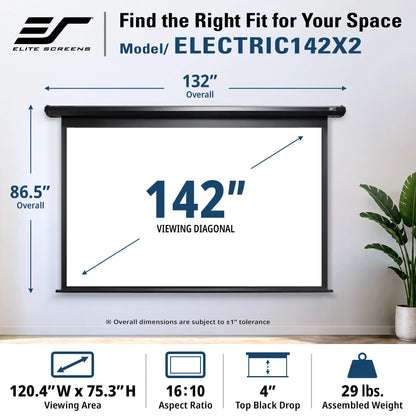 Elite Screens Electric 142x142X2 motorized projection screen shown mounted on a wall with dimension callouts, including overall height of 86.5 inches, overall width of 132 inches, and viewing diagonal of 142 inches.