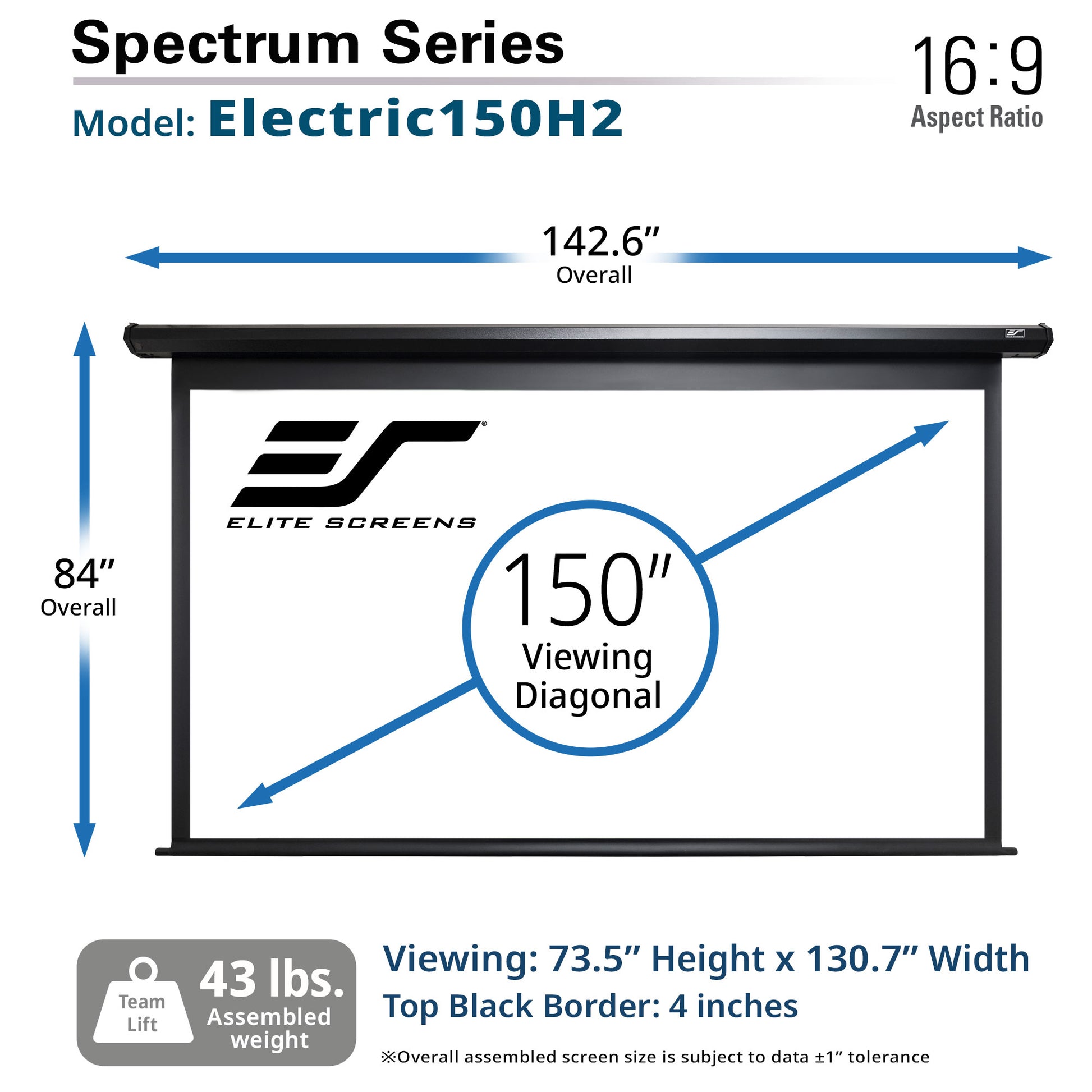 Elite Screens Spectrum Series Electric150H2 projector screen with dimensions and specifications.