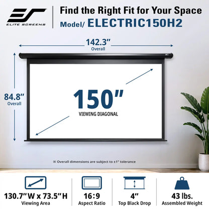 Elite Screens Electric 150H2 projector screen shown mounted on a wall, with overlaid dimensions for overall size and viewing diagonal, plus feature icons for viewing area, aspect ratio, top black drop, and assembled weight.