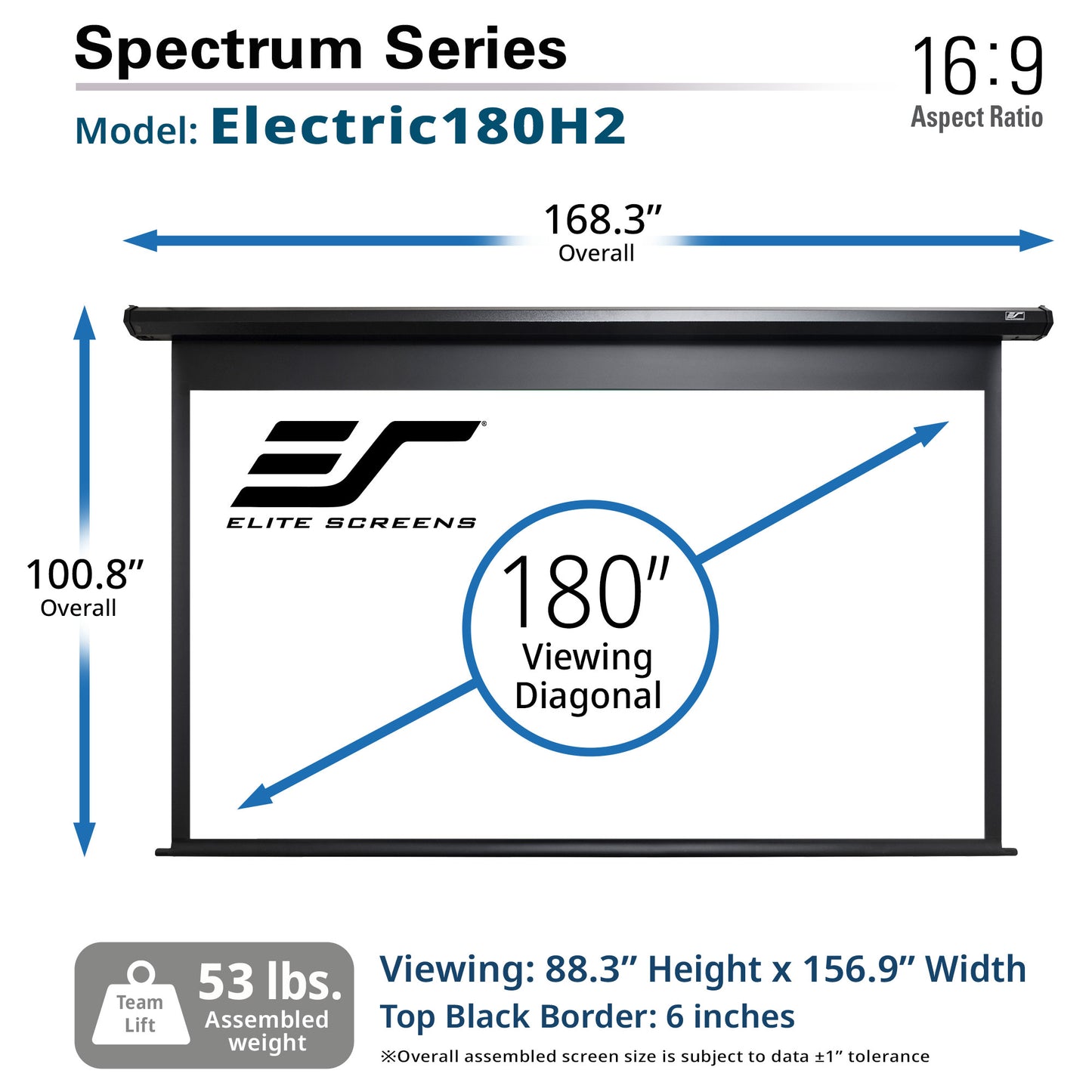 Elite Screens Spectrum Series Electric180H2 projector screen with dimensions and specifications.