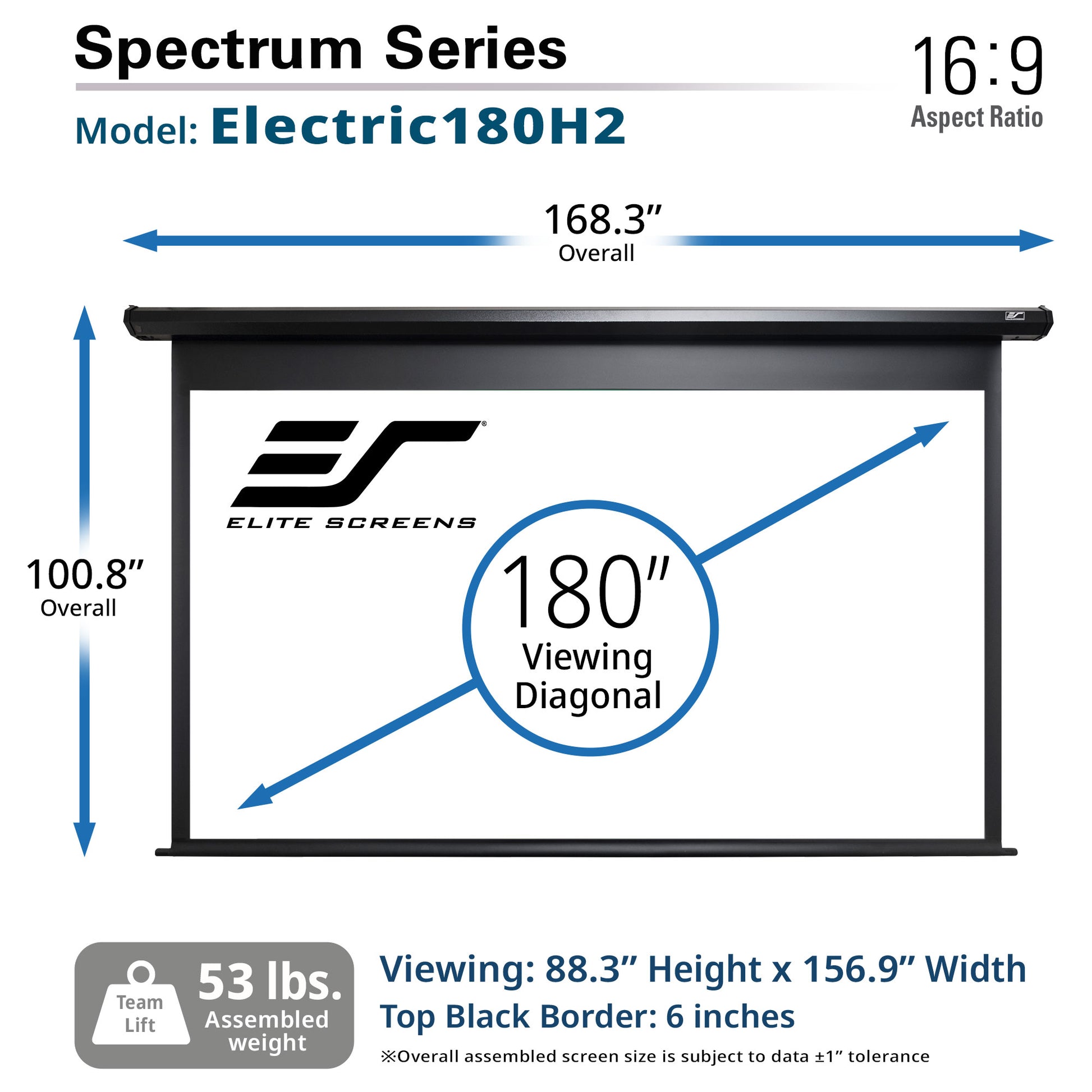 Elite Screens Spectrum Series Electric180H2 projector screen with dimensions and specifications.