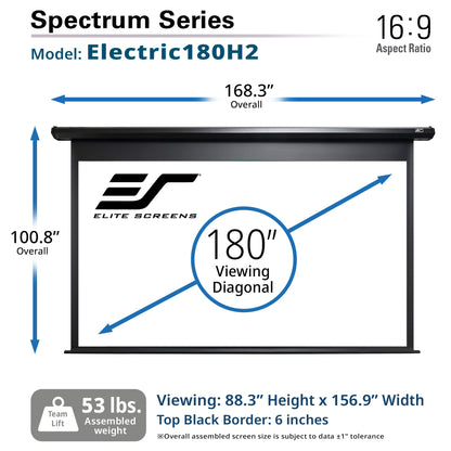 Elite Screens Spectrum Series Electric180H2 projector screen with dimensions and specifications.
