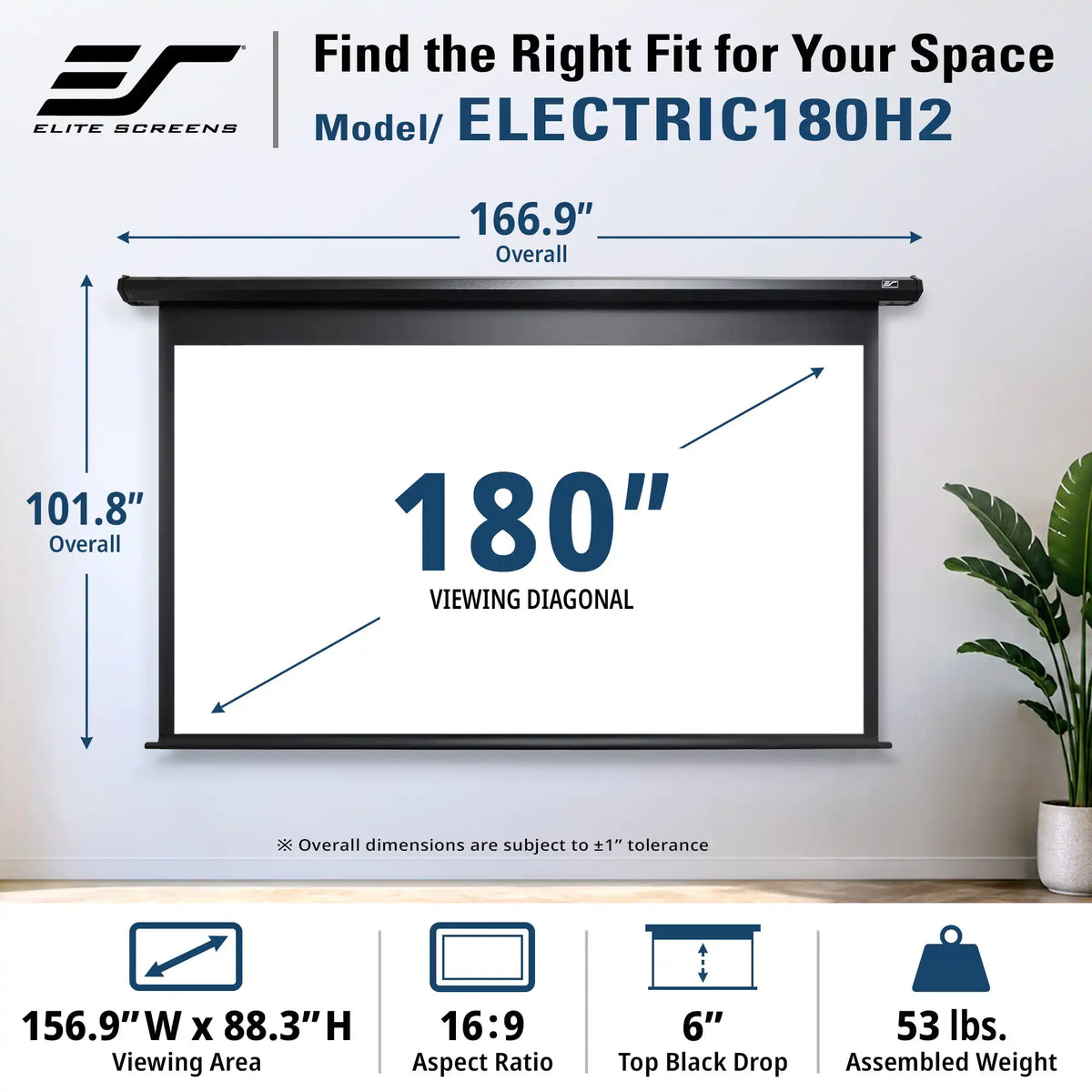 Elite Screens Electric 180H2 180-inch projection screen shown mounted on a wall with dimension callouts for overall size, viewing diagonal, and screen area. The image includes feature icons at the bottom and a plant on the right.