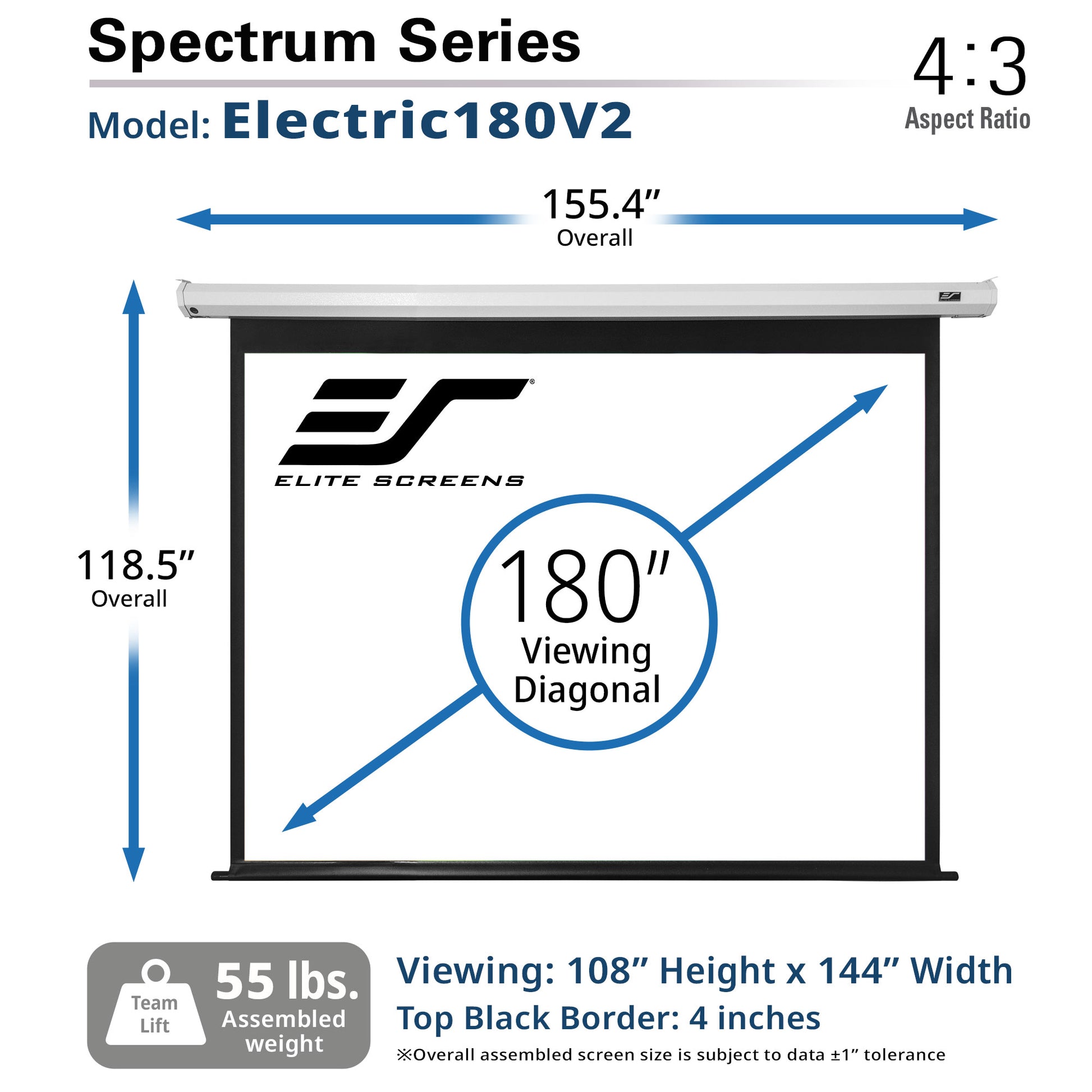 Elite Screens Spectrum Series Electric180V2 projector screen with dimensions and specifications.