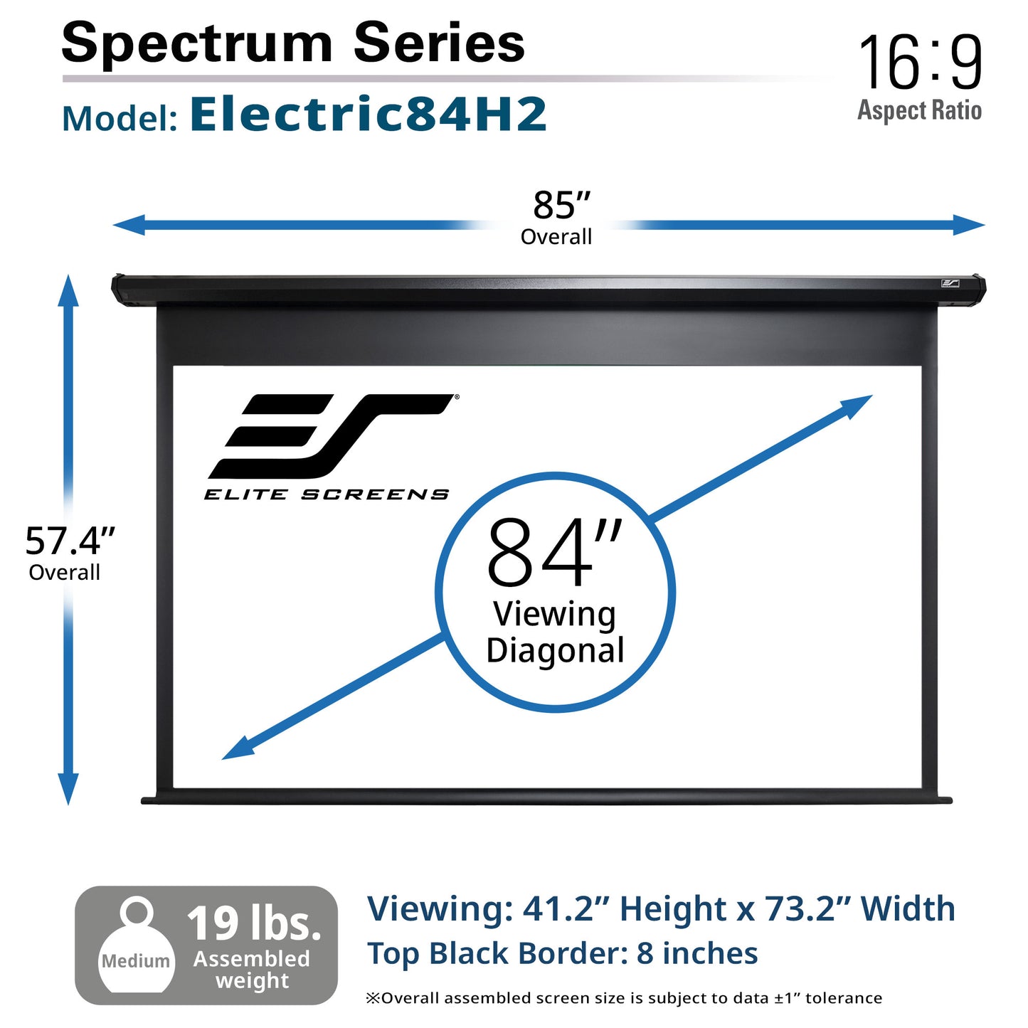 Elite Screens Spectrum Series Electric84H2 projector screen with dimensions and specifications.