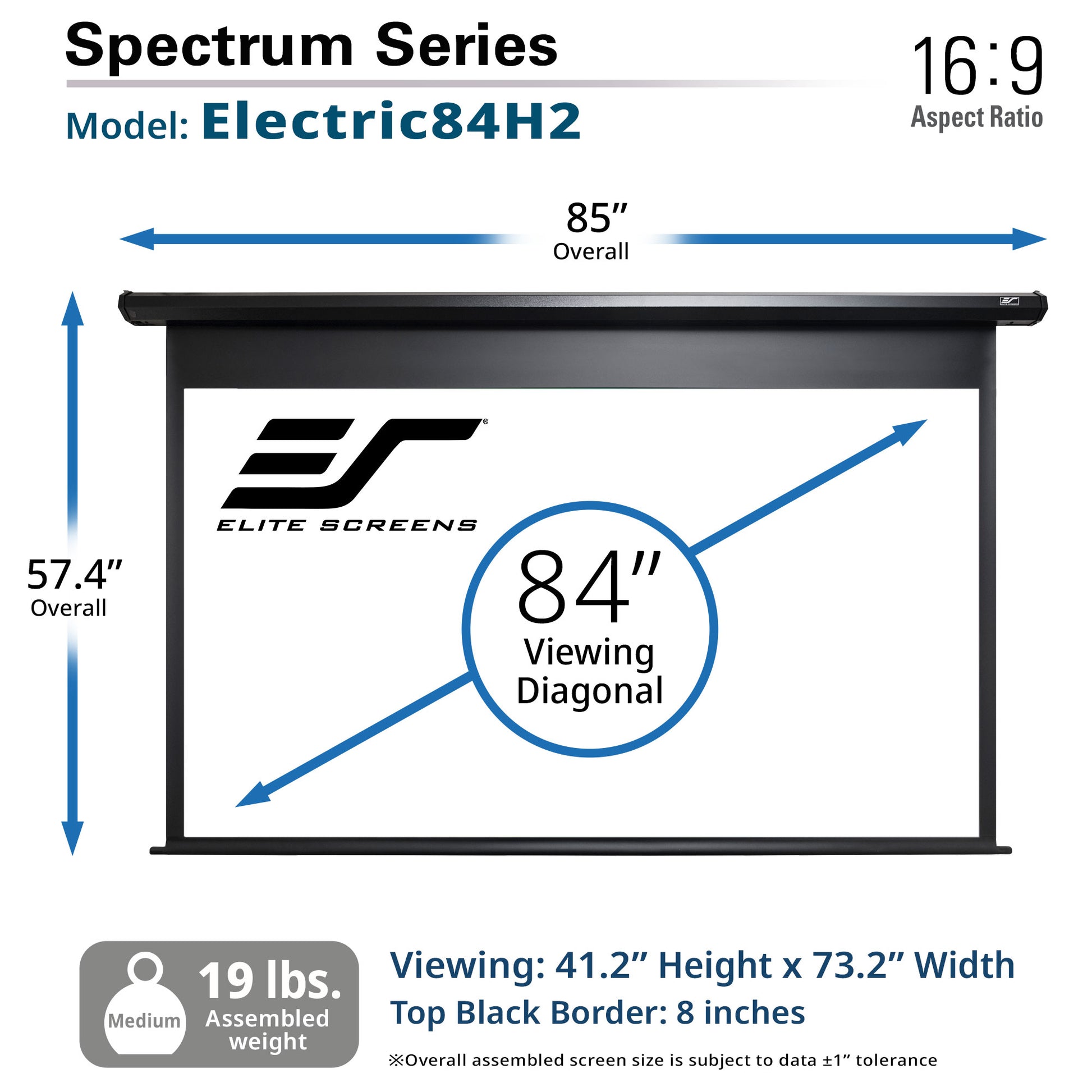 Elite Screens Spectrum Series Electric84H2 projector screen with dimensions and specifications.