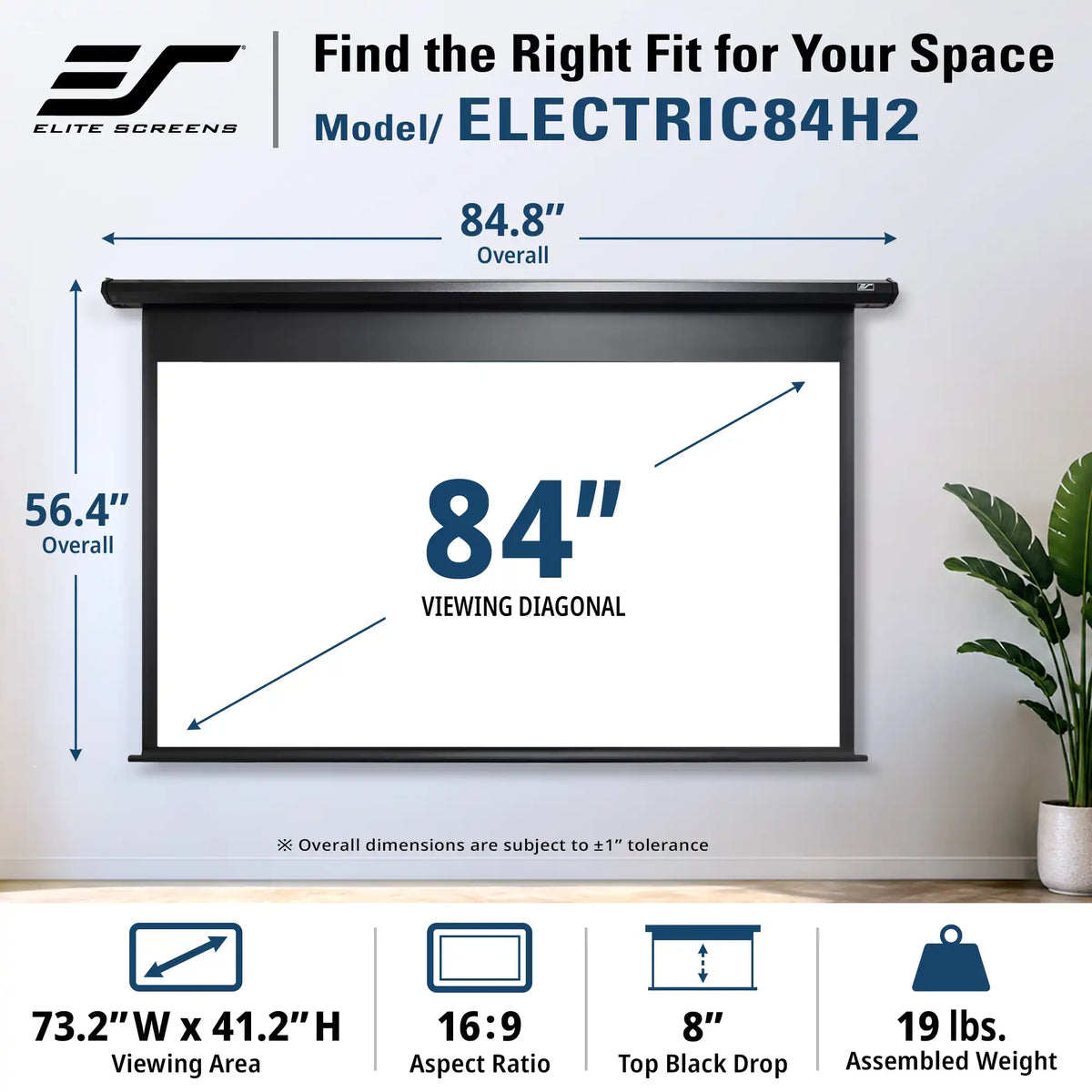 Elite Screens Electric884H2 84-inch wall-mounted projection screen shown installed on a wall, with dimension callouts indicating 84.8" overall width, 56.