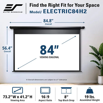 Elite Screens Electric884H2 84-inch wall-mounted projection screen shown installed on a wall, with dimension callouts indicating 84.8" overall width, 56.