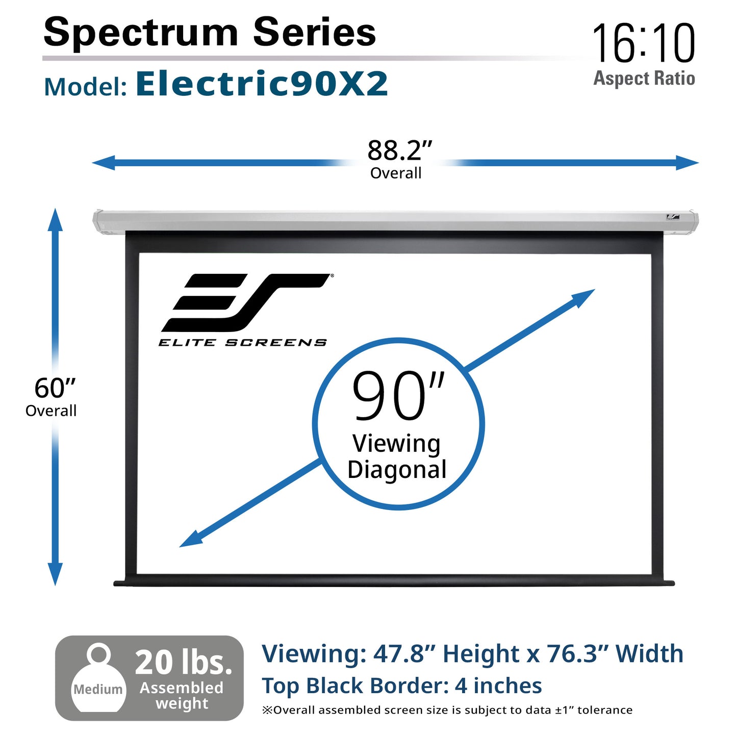 Elite Screens Spectrum Series Electric90X2 projector screen with dimensions and specifications.
