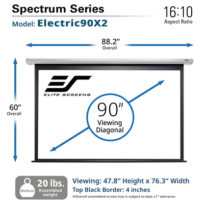 Elite Screens Spectrum Series Electric90X2 projector screen with dimensions and specifications.