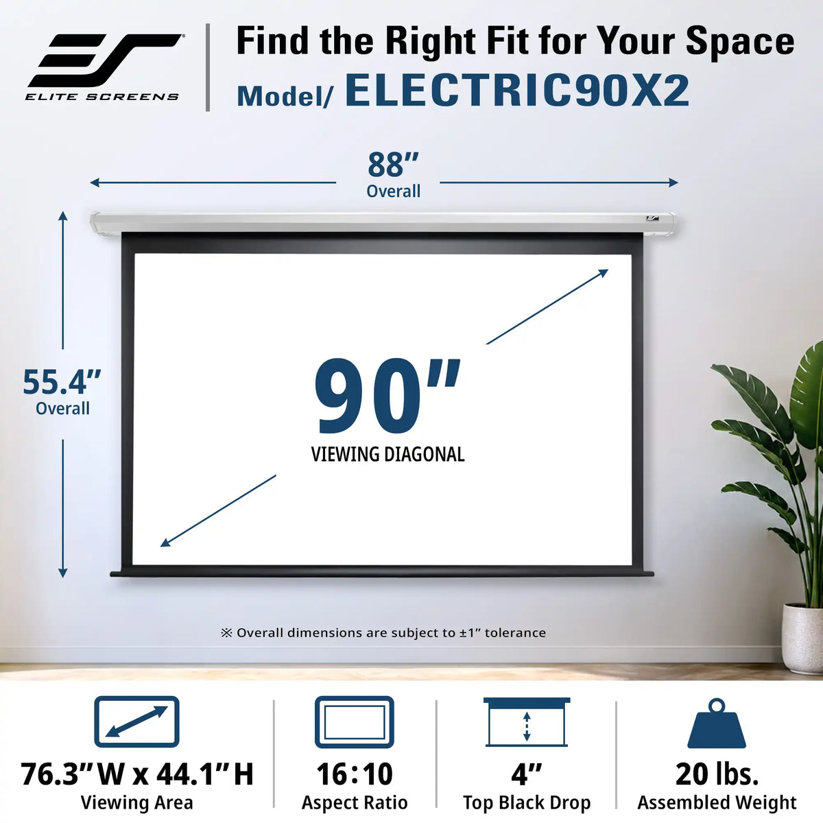 Elite Screens Electric 90X2 retractable projection screen shown mounted on a wall with dimension callouts indicating 88 inches overall and 90-inch viewing diagonal. The image includes product specs and icons along the bottom.