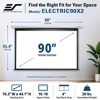 Elite Screens Electric 90X2 retractable projection screen shown mounted on a wall with dimension callouts indicating 88 inches overall and 90-inch viewing diagonal. The image includes product specs and icons along the bottom.