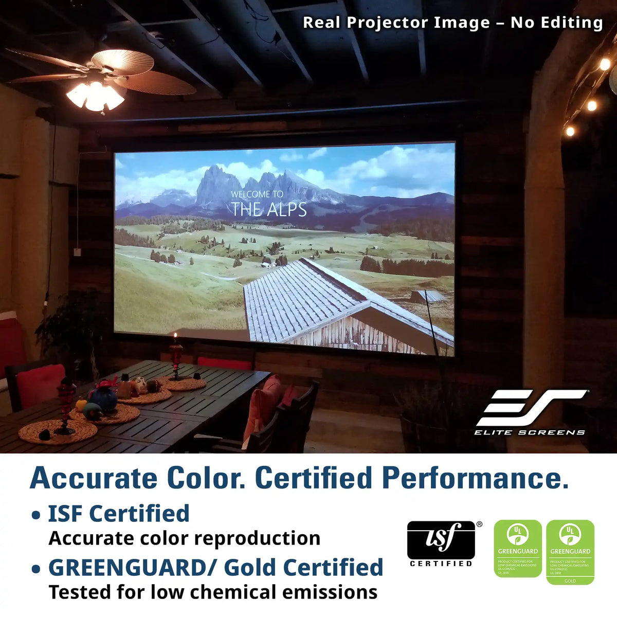 A large wall-mounted projector screen displays a mountain landscape scene in a dimly lit home theater. The room has wood-paneled walls, a ceiling fan, and string lights.