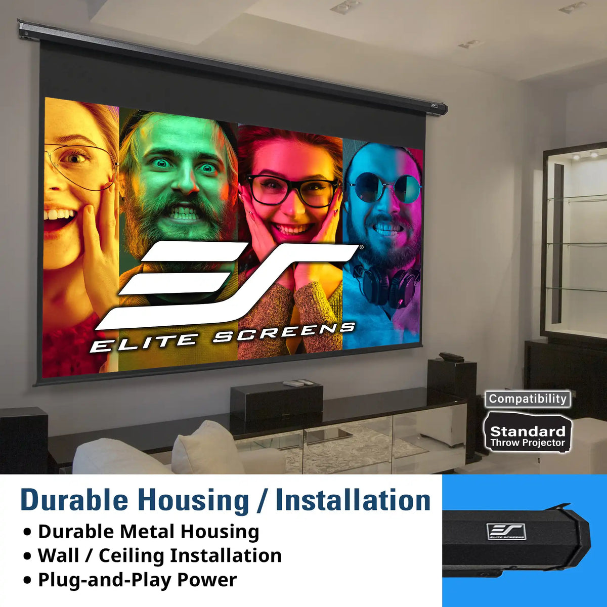 A large home theater screen mounted on a wall in a modern living room, displaying a colorful movie poster. The screen has a visible Elite Screens logo and the text 'Durable Housing / Installation' with bullet points about durable metal housing, wall/ceiling installation, and plug-and-play power.