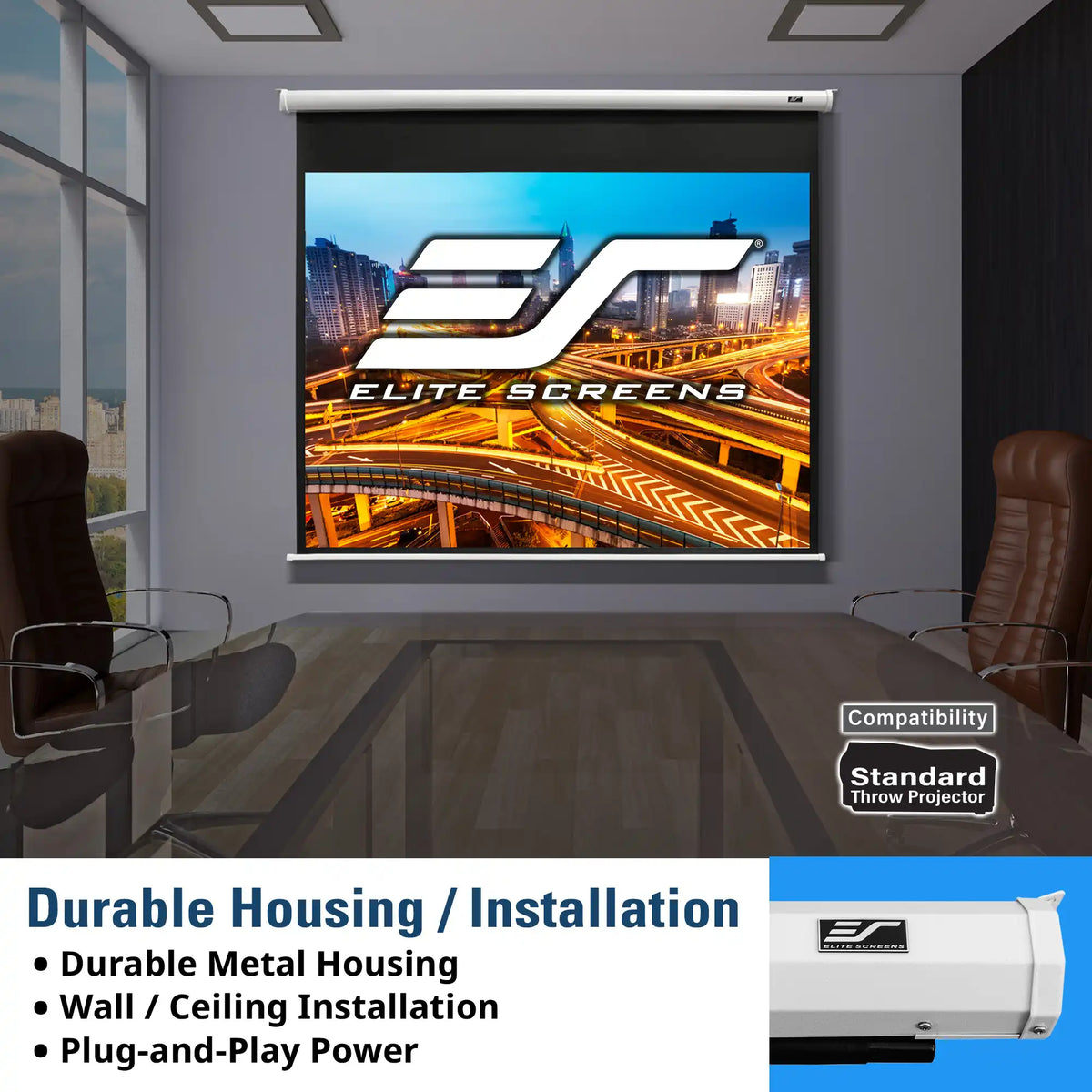 A wall-mounted projection screen in a modern conference room, displaying a city highway graphic with the Elite Screens logo. The image includes promotional text and a small inset showing the projector housing, with compatibility badges on the right.