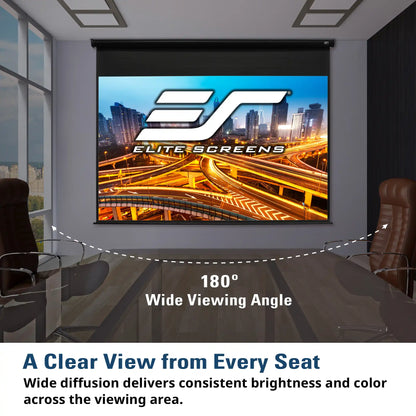 A home theater lobby scene showing a large projection screen mounted on a gray wall, with the Elite Screens logo displayed on the screen. The room includes a glass table, brown leather chairs, and a dark wood floor.