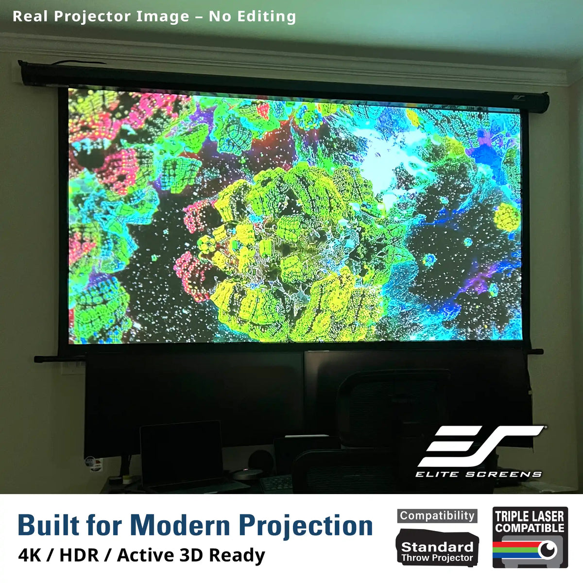 A large fabric home theater projector screen mounted on a wall, displaying a colorful abstract 3D laser projection. The image includes Elite Screens branding and text overlays highlighting compatibility with modern throw projectors and 4K HDR resolution.