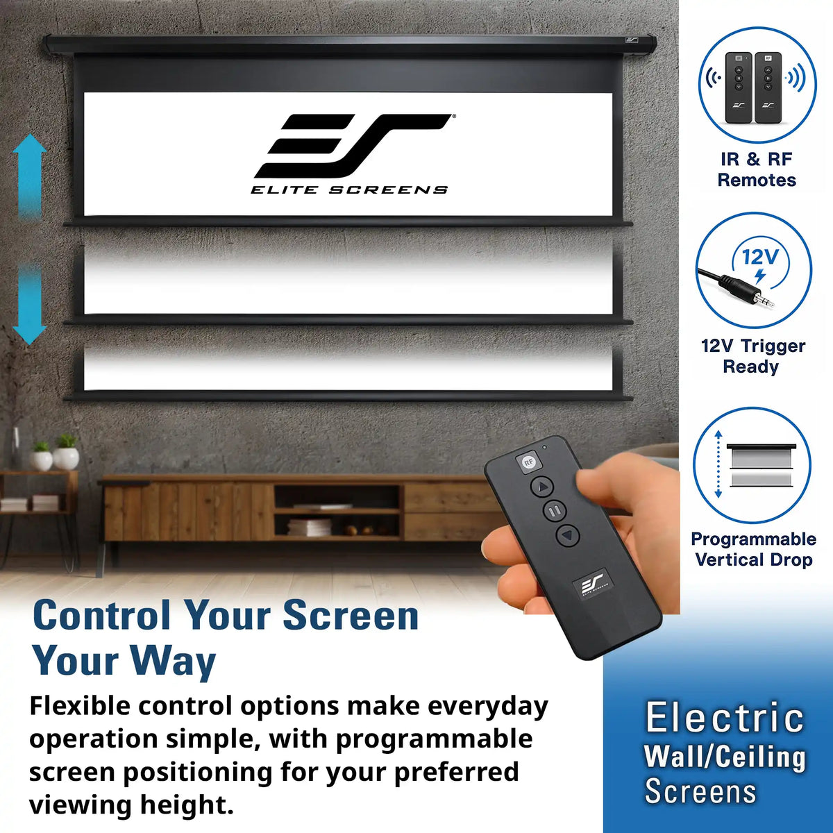 Elite Screens electric wall/ceiling screen shown installed in a home theater setting, with a hand holding a black remote control in the foreground. The graphic includes feature callouts for IR & RF remotes, 12V trigger ready, programmable vertical drop, and blue arrows indicating screen adjustment.