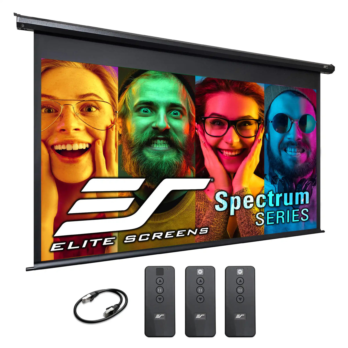 Elite Screens Spectrum Series home theater screen with a black frame, shown with three remote controls and a black cable on a white background. The screen displays a colorful demo image.