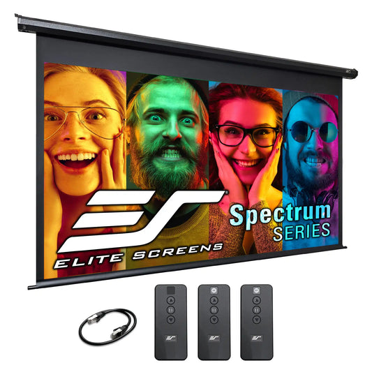 Elite Screens Spectrum Series home theater screen with a black frame, shown with three remote controls and a black cable on a white background. The screen displays a colorful demo image.