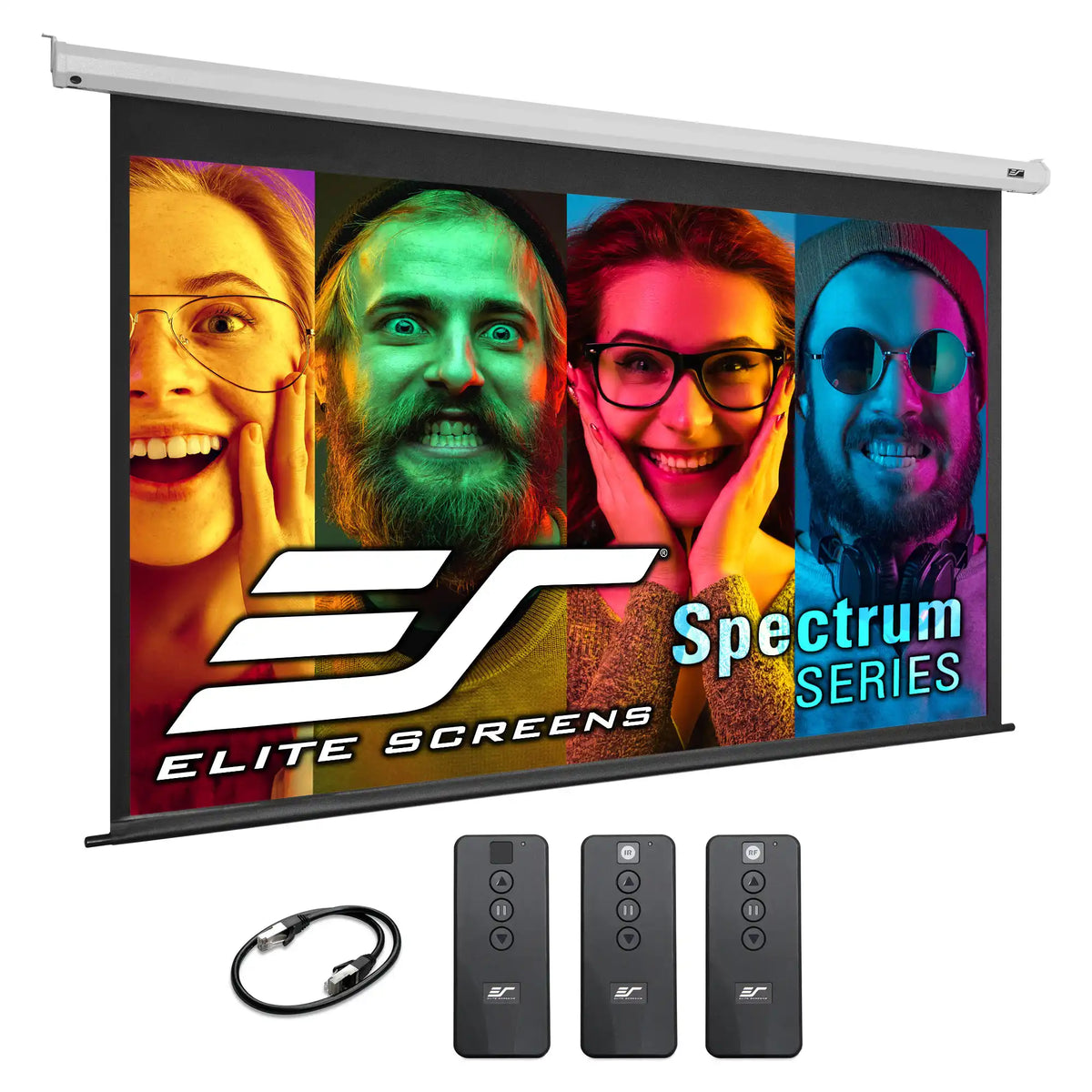 Elite Screens Spectrum Series projector screen with remote controls and cable on a white background