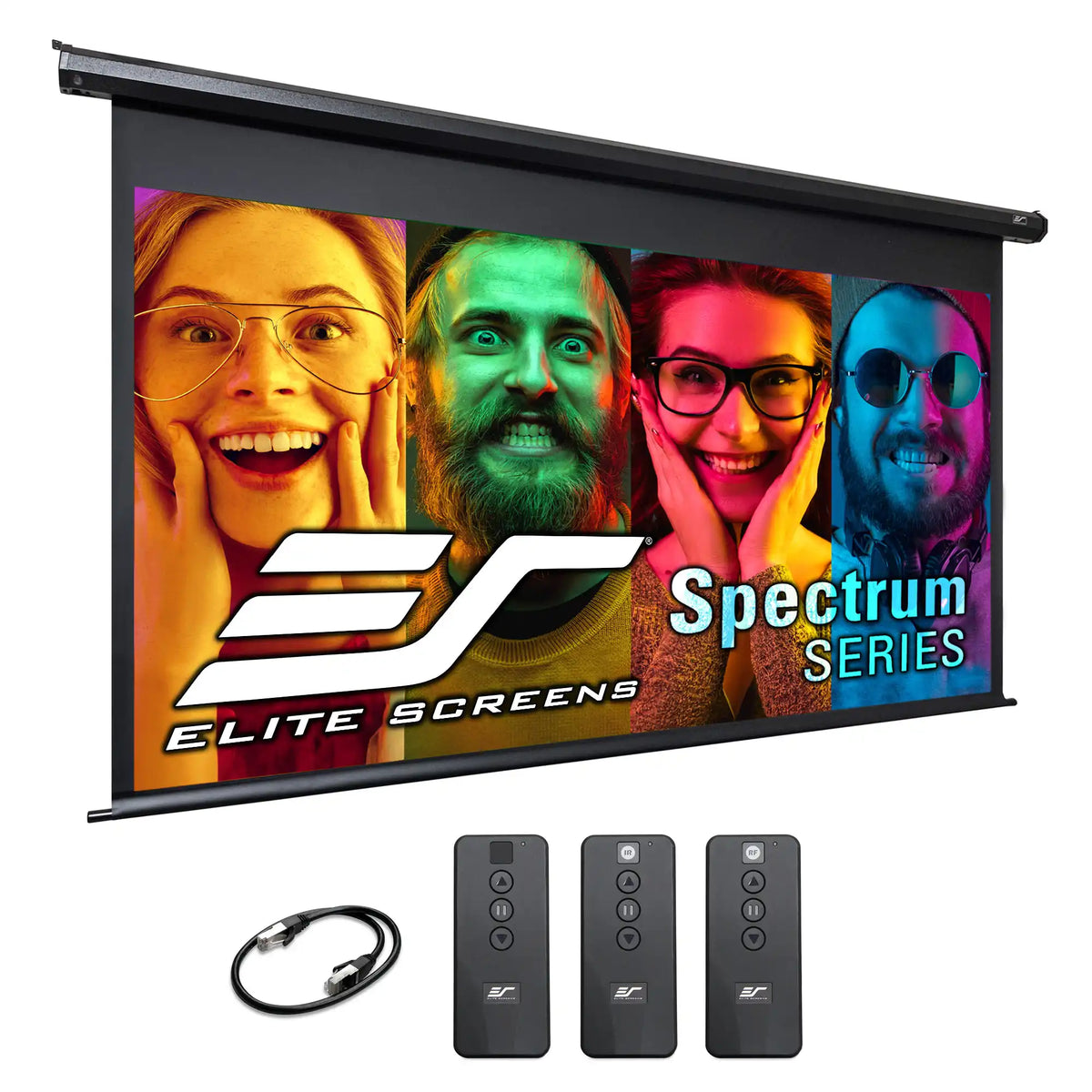 Elite Screens Spectrum Series retractable projection screen with a black frame, shown with three remote controllers and a black cable on a white background.
