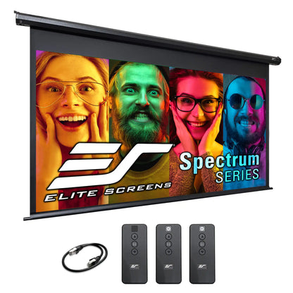 Elite Screens Spectrum Series retractable projection screen with a black frame, shown with three remote controllers and a black cable on a white background.