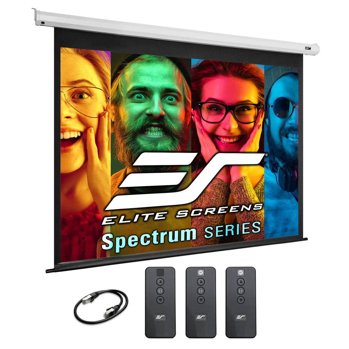 Elite Screens Spectrum Series projector screen with remote controls and cable on a white background