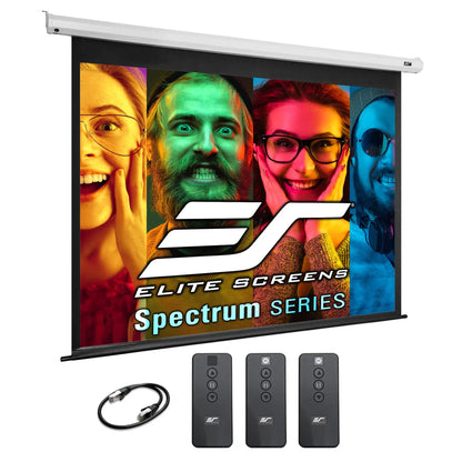 Elite Screens Spectrum Series projector screen with remote controls and cable on a white background