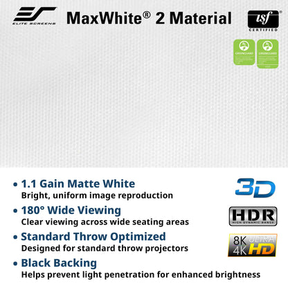 A product information graphic for Elite Screens MaxWhite 2 Material screen fabric. The top half shows a close-up of the matte white textured material, with the Elite Screens logo and a TF Certified badge.