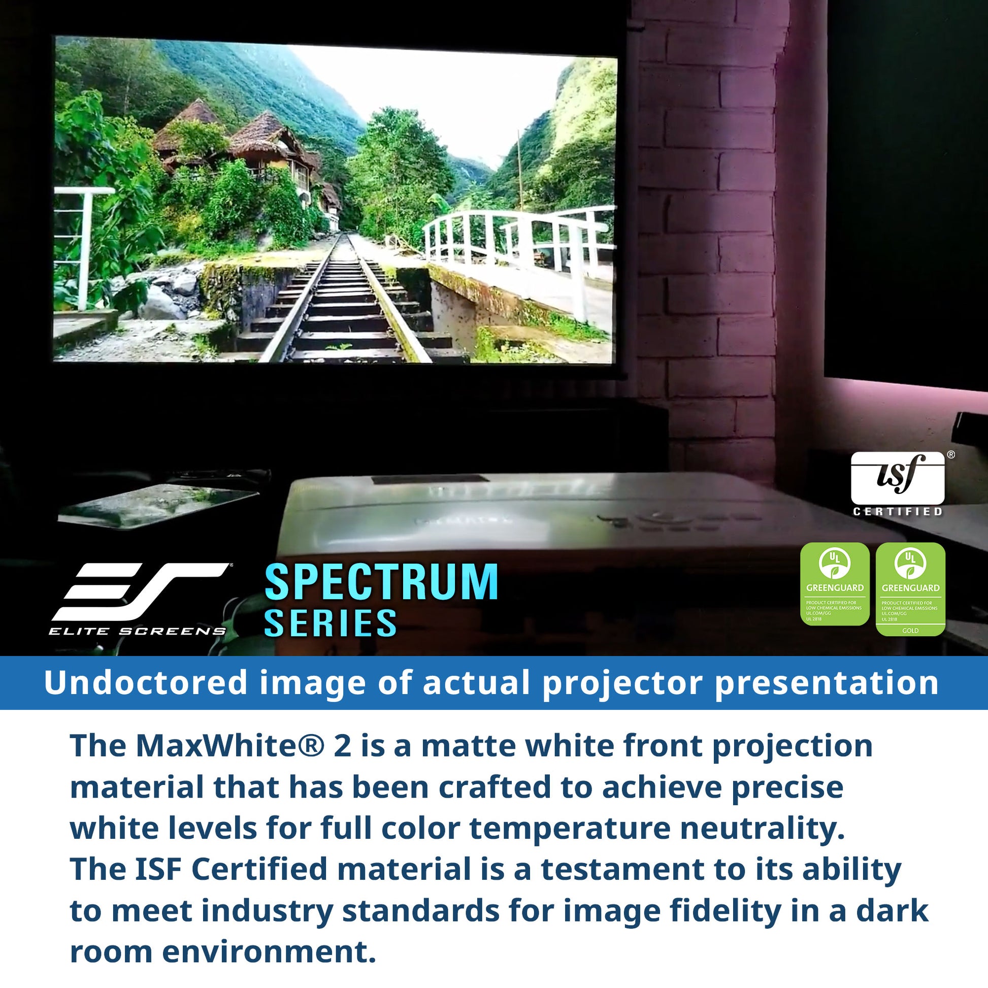 Projector screen with 'Elite Screens Spectrum Series' branding and ISF certification logo, displaying a scenic image.