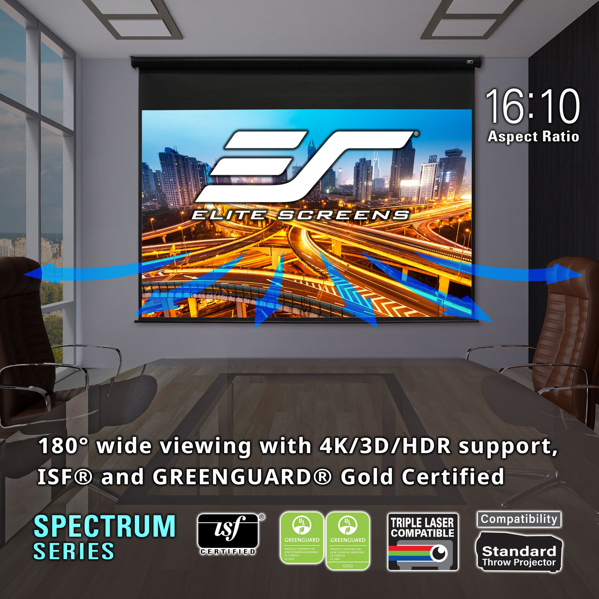 Elite Screens projector screen with cityscape display in a room setup.