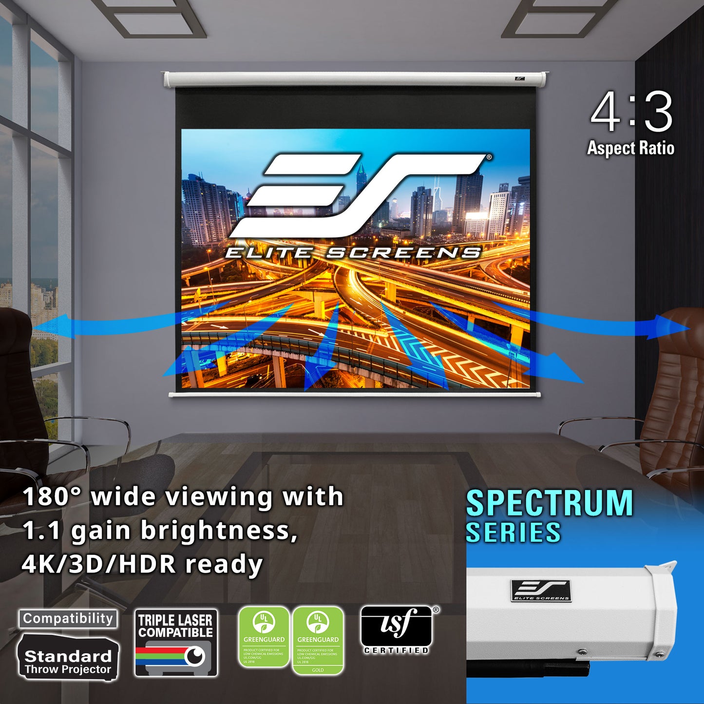 Elite Screens projector screen with cityscape display in a room setting