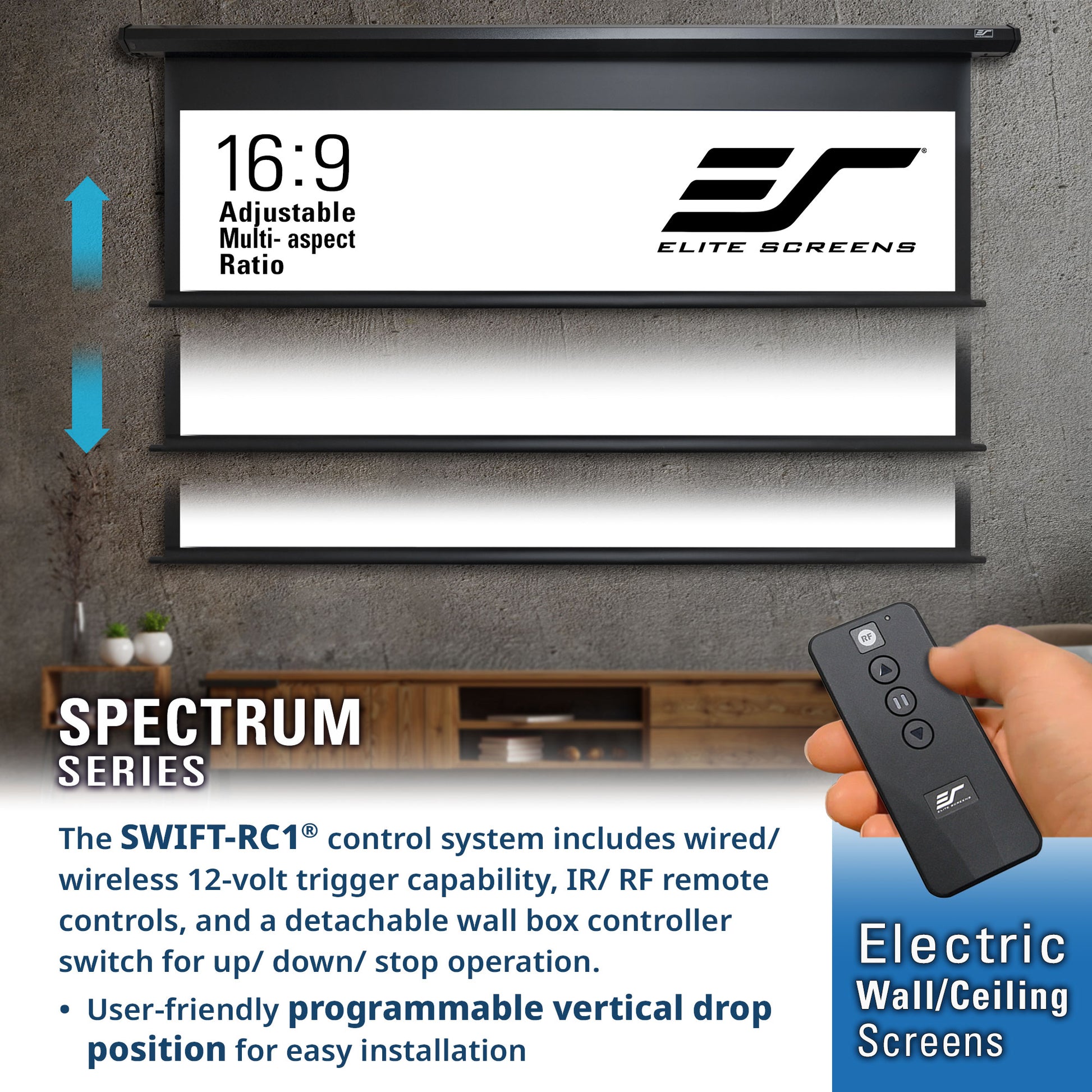Electric wall/ceiling screen with remote control and Elite Screens branding.
