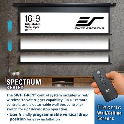 Electric wall/ceiling screen with remote control and Elite Screens branding.