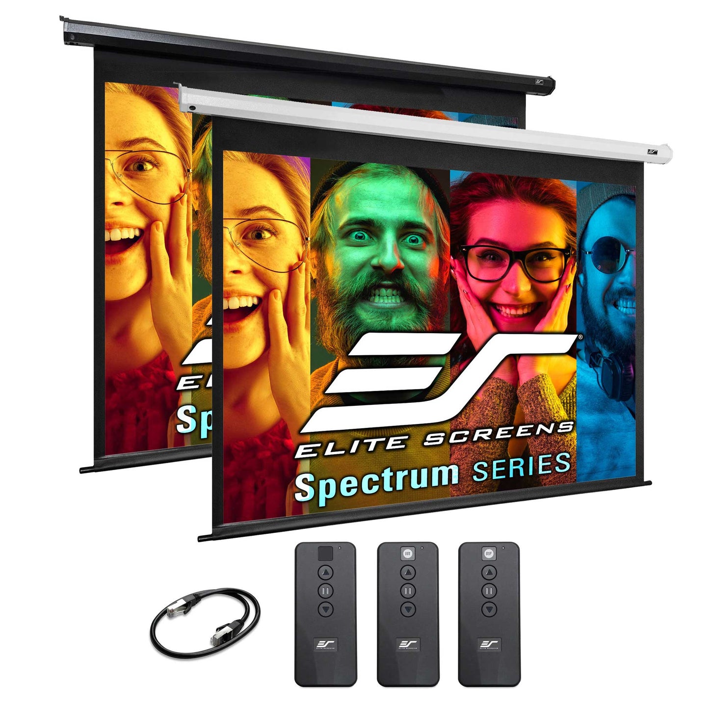 Elite Screens Spectrum Series projector screen with remote controls and cable on a white background