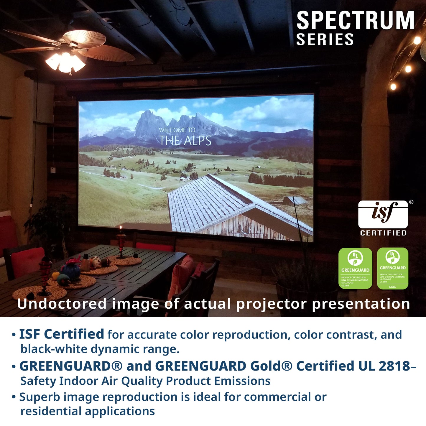 Home theater setup with a large screen displaying a mountain scene, featuring ISF certification logos.