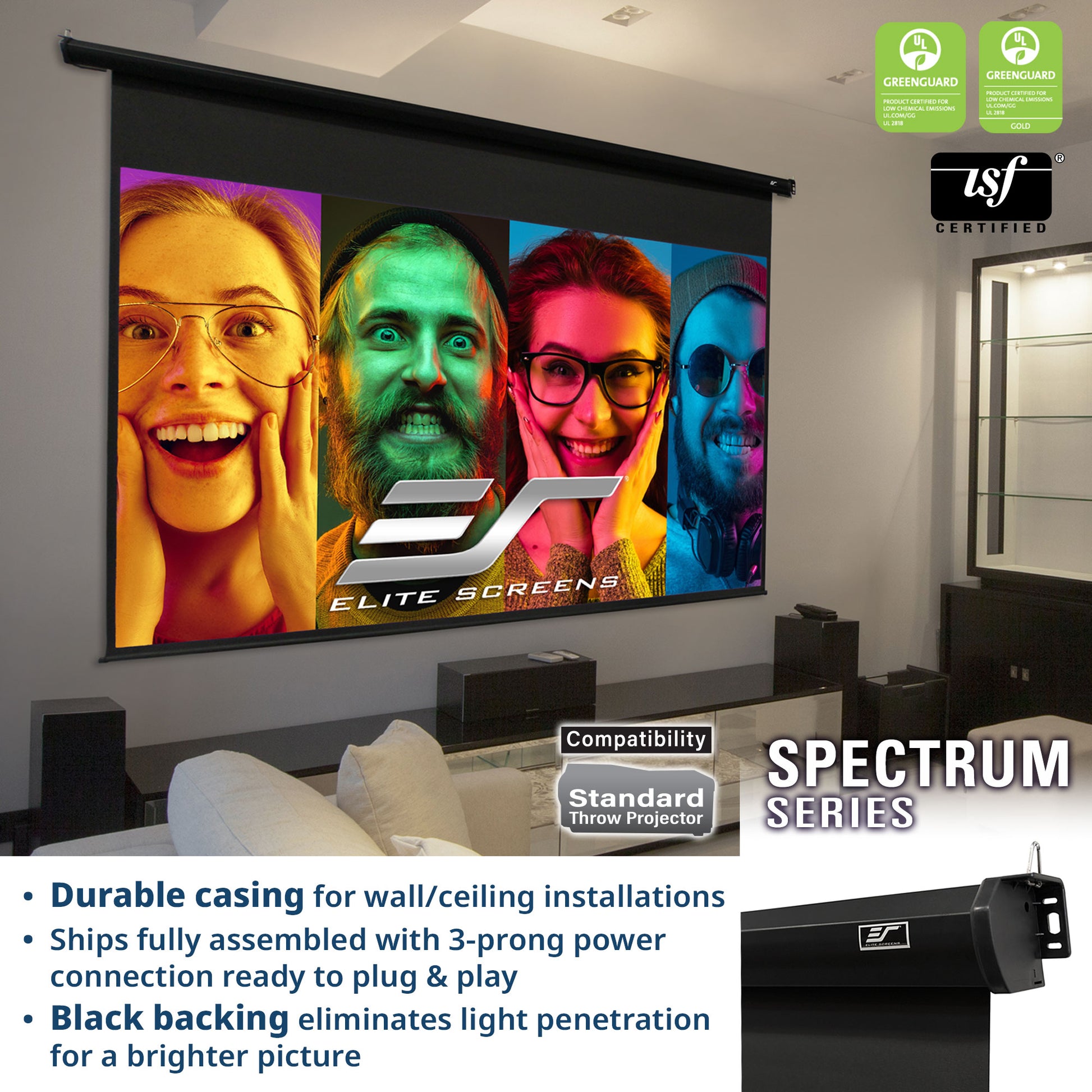 Elite Screens projector screen with colorful display in a home theater setting