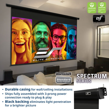 Elite Screens projector screen with colorful display in a home theater setting