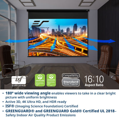 Projector screen in a room with a cityscape display, featuring ISF certification and GreenGuard certification.