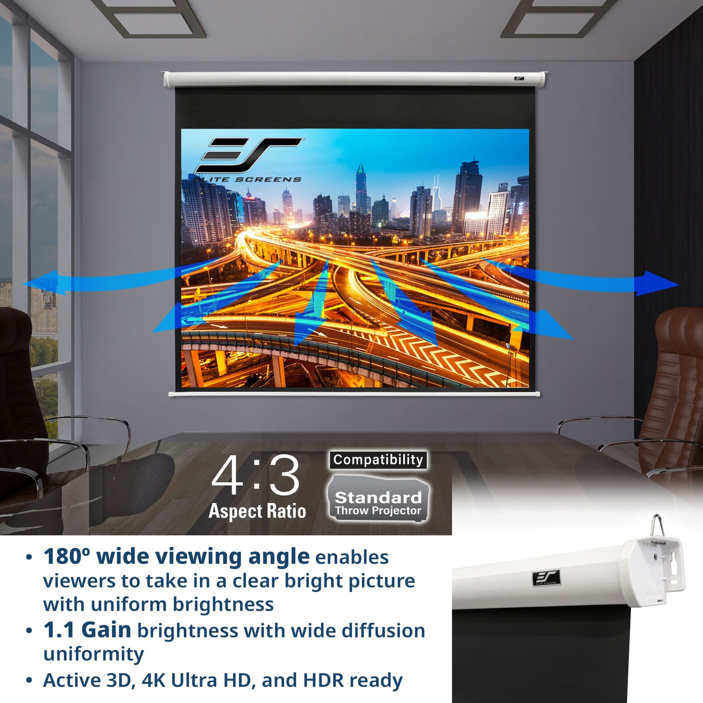 Projector screen with cityscape display in a room with chairs and large windows.