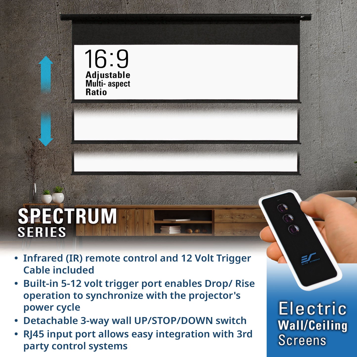 Electric wall/ceiling screen with remote control and specifications on a gray wall background