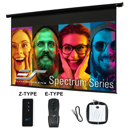 Elite Screens Spectrum Series projector screen with remote control and accessories on a white background