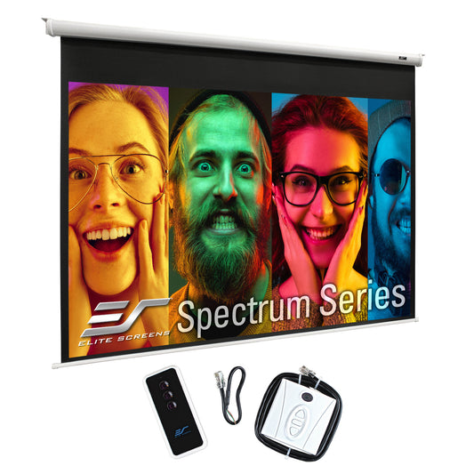 Elite Screens Spectrum Series projector screen with remote control and accessories on a white background