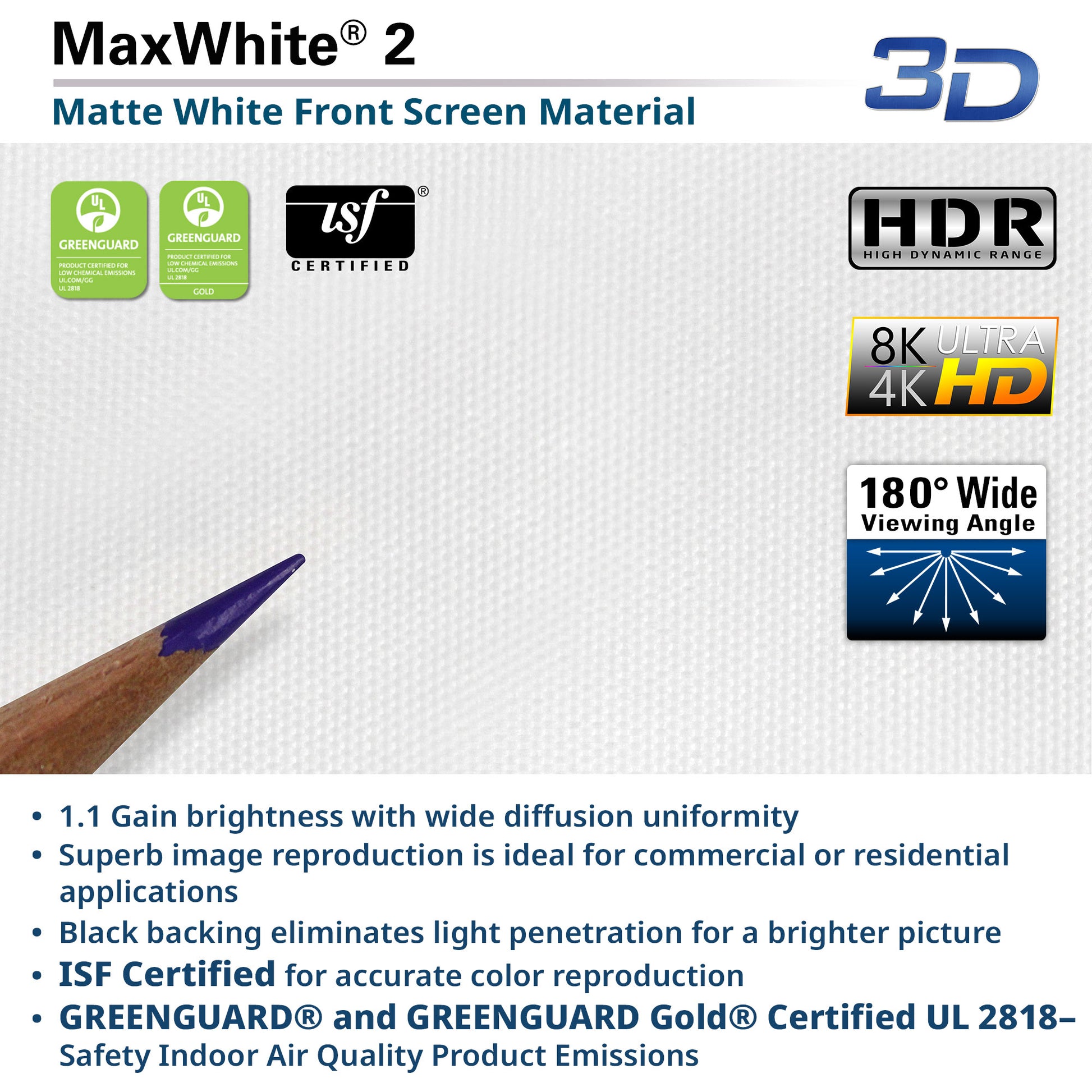 MaxWhite 2 matte white front screen material with certification logos and product features on a white background.