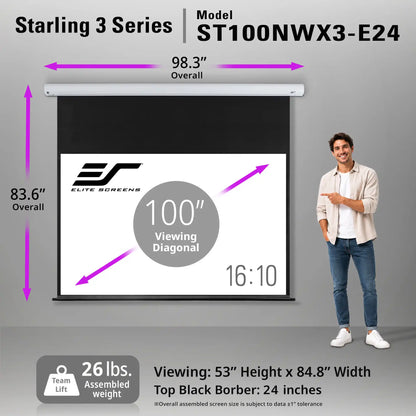 Elite Screens Starling 3 Series Model ST100NWX3-E24 100-inch retractable screen shown with dimension annotations, a man standing beside it, and product specs on a gray background.