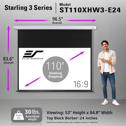 Elite Screens Starling 3 Series model ST110XHW3-E24 retractable projection screen shown with dimension callouts, a man standing beside it, and product specs on a gray background.
