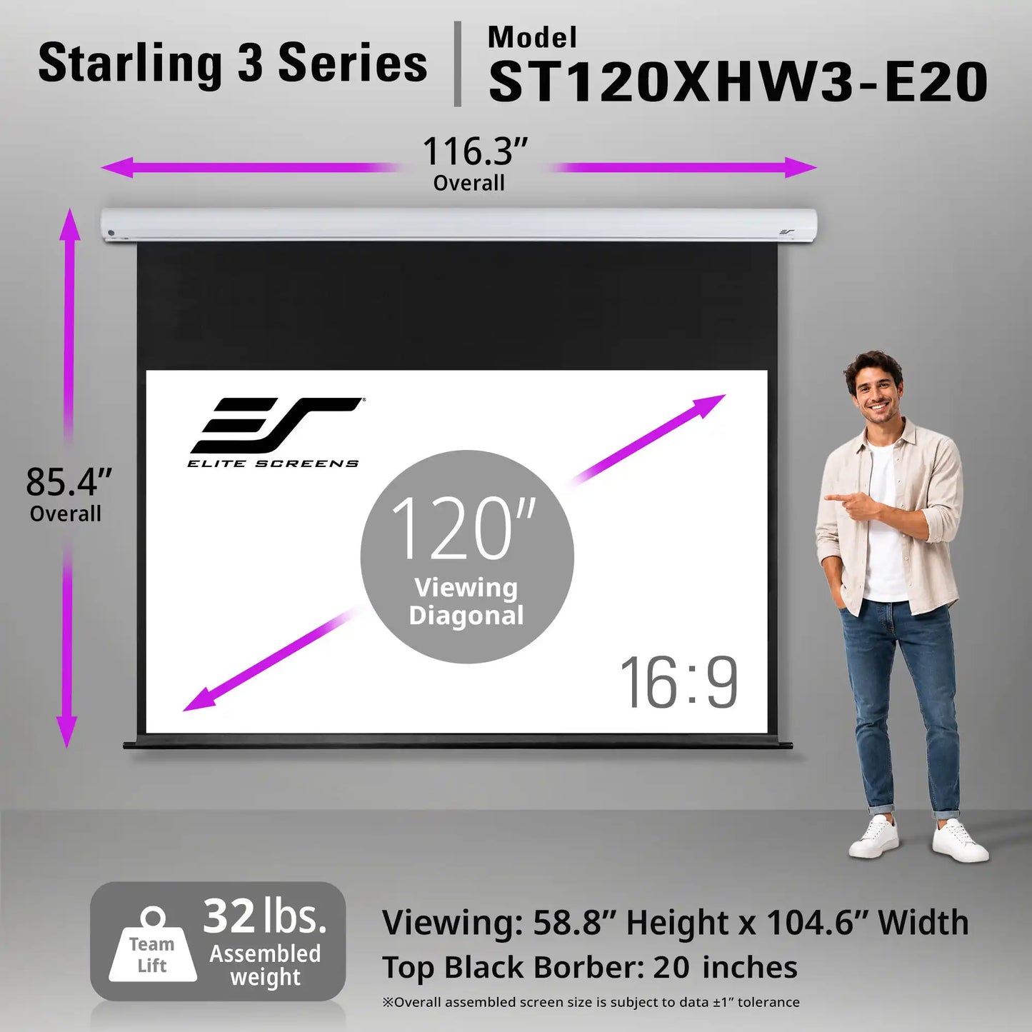 Elite Screens Starling 3 Series projector screen roll-up model ST120XHW3-E20 shown with dimension callouts, a man standing beside it, and product specs on a gray background.