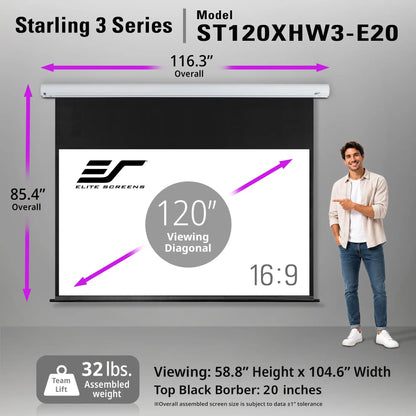 Elite Screens Starling 3 Series projector screen roll-up model ST120XHW3-E20 shown with dimension callouts, a man standing beside it, and product specs on a gray background.